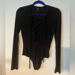 Black Long Sleeve Lace Up Bodysuit